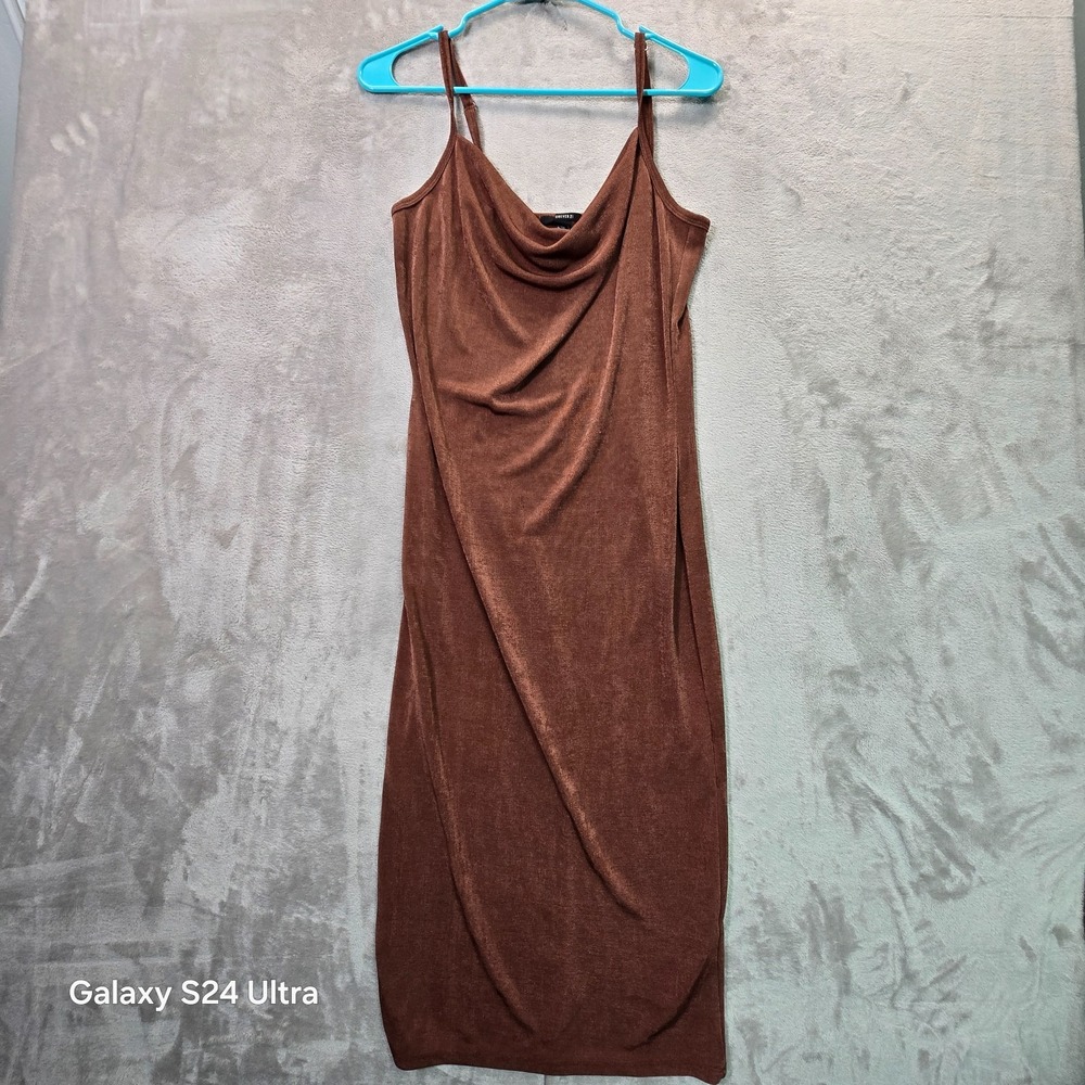 Forever 21 Midi Slip Bodycon Dress Womens Large Brown Cowl Neck Spaghetti Strap